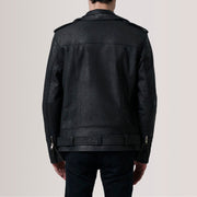 Close-Up Detail of Notch &amp; Zipper &amp; Waist Straps Hardware on Kole Distressed Black Leather Double Rider Jacket