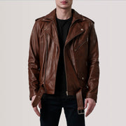 Kole Waxed Brown Leather Double Rider Jacket in Distressed Brown Sheepskin Burnished - Front Profile View &amp; Tailored Silhouette | Buy Online
