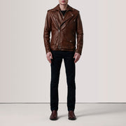 Distressed Brown Sheepskin Burnished Biker Jacket - Back View Showing Tailored Shoulder Fit &amp; Clean Hemline