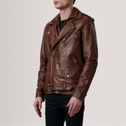 Kole Waxed Brown Leather Double Rider Jacket - Lateral Side Profile View Showing Sleeve Cut &amp; Athletic Taper Fit