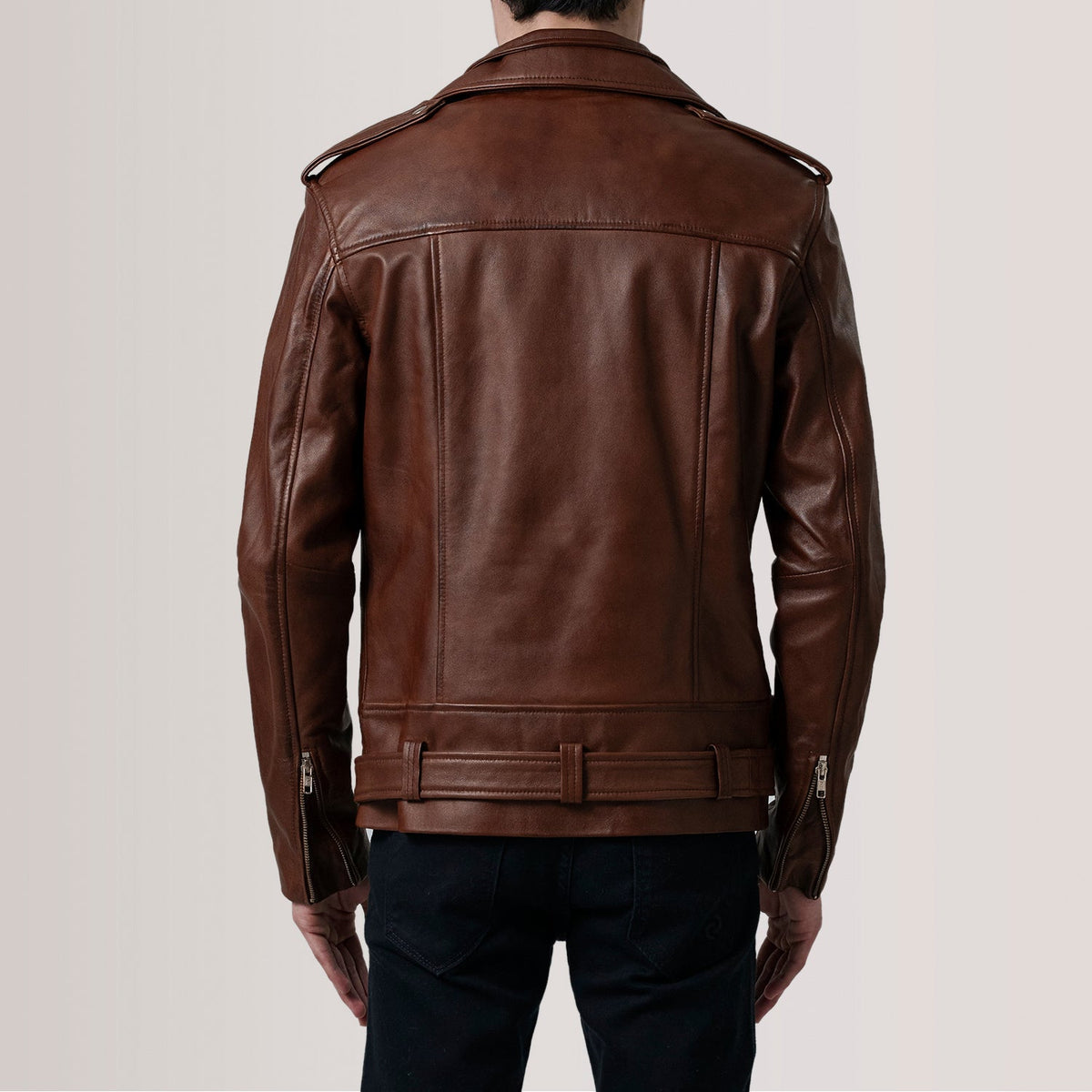 Close-Up Detail of Notch &amp; Zipper &amp; Waist Straps Hardware on Kole Waxed Brown Leather Double Rider Jacket