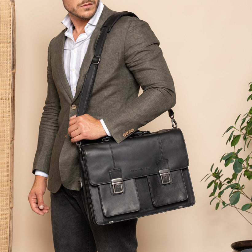 Classic 100% Full-Grain leather Briefcase - Rear Perspective Showing Reinforced Leather Straps & Stitching