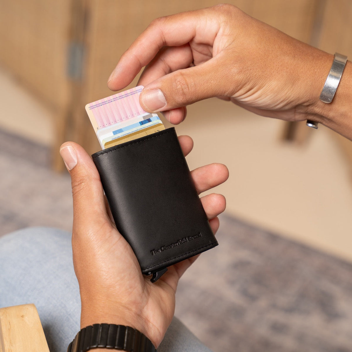 
Classic 100% Full-Grain Leather Card Holder - Rear Perspective Showing Reinforced Leather Straps & Stitching