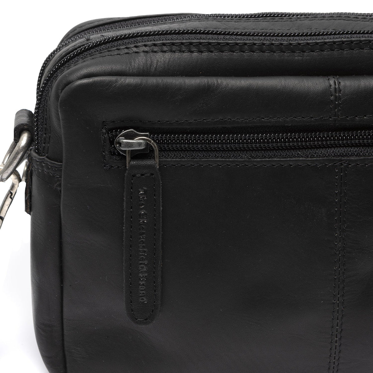 Solid Antique Brass Hardware &amp; Heavy-Duty Dual Zipper Detail on Samui Full-Grain Leather Crossbody Bag