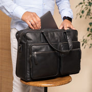 
Misha Full-Grain Leather Laptop Bag - Structured Side Profile Showing Gusset Depth & Expansion Capacity