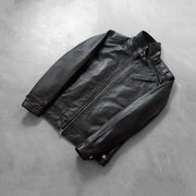 Button &amp; Hem Craftsmanship Construction Detail on Men's Legacy Black Leather Biker Jacket