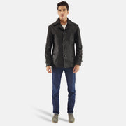Leo Black Leather Coat - Lateral Side Profile View Showing Sleeve Cut &amp; Athletic Taper Fit