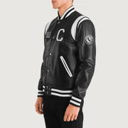 
Black & White Sheepskin Leather Varsity Jacket - Back View Showing Tailored Shoulder Fit & Clean Hemline