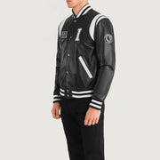
Black & White Sheepskin Leather Varsity Jacket - Back View Showing Tailored Shoulder Fit & Clean Hemline