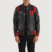 Liberte USA Black Leather Varsity Jacket in Black Sheepskin Leather - Front Profile View &amp; Tailored Silhouette | Buy Online