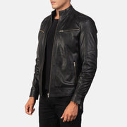 
Black Goatskin Leather Biker Jacket - Back View Showing Tailored Shoulder Fit & Clean Hemline
