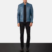 
Mack Blue Leather Biker Jacket - Lateral Side Profile View Showing Sleeve Cut & Athletic Taper Fit