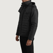 
Black Full-Grain Leather Hooded Jacket - Back View Showing Tailored Shoulder Fit & Clean Hemline