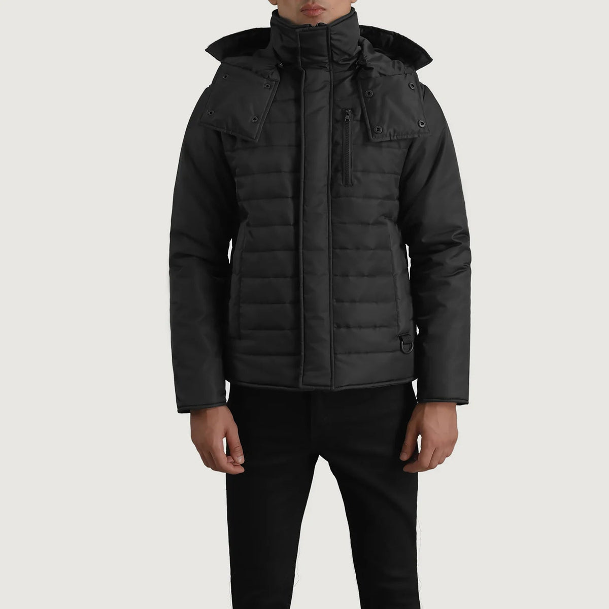 
Close-Up Detail of Classic Collar & Zipper With Placket Hardware on Malcolm Black Hooded Puffer Jacket