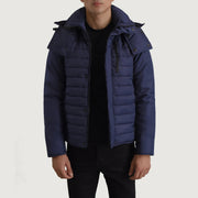 
Malcolm Blue Hooded Puffer Jacket in Blue Full-Grain Leather - Front Profile View & Tailored Silhouette | Buy Online