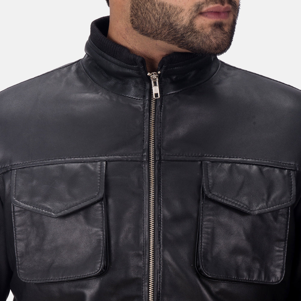 
Maurice Black Leather Jacket - Lateral Side Profile View Showing Sleeve Cut & Athletic Taper Fit