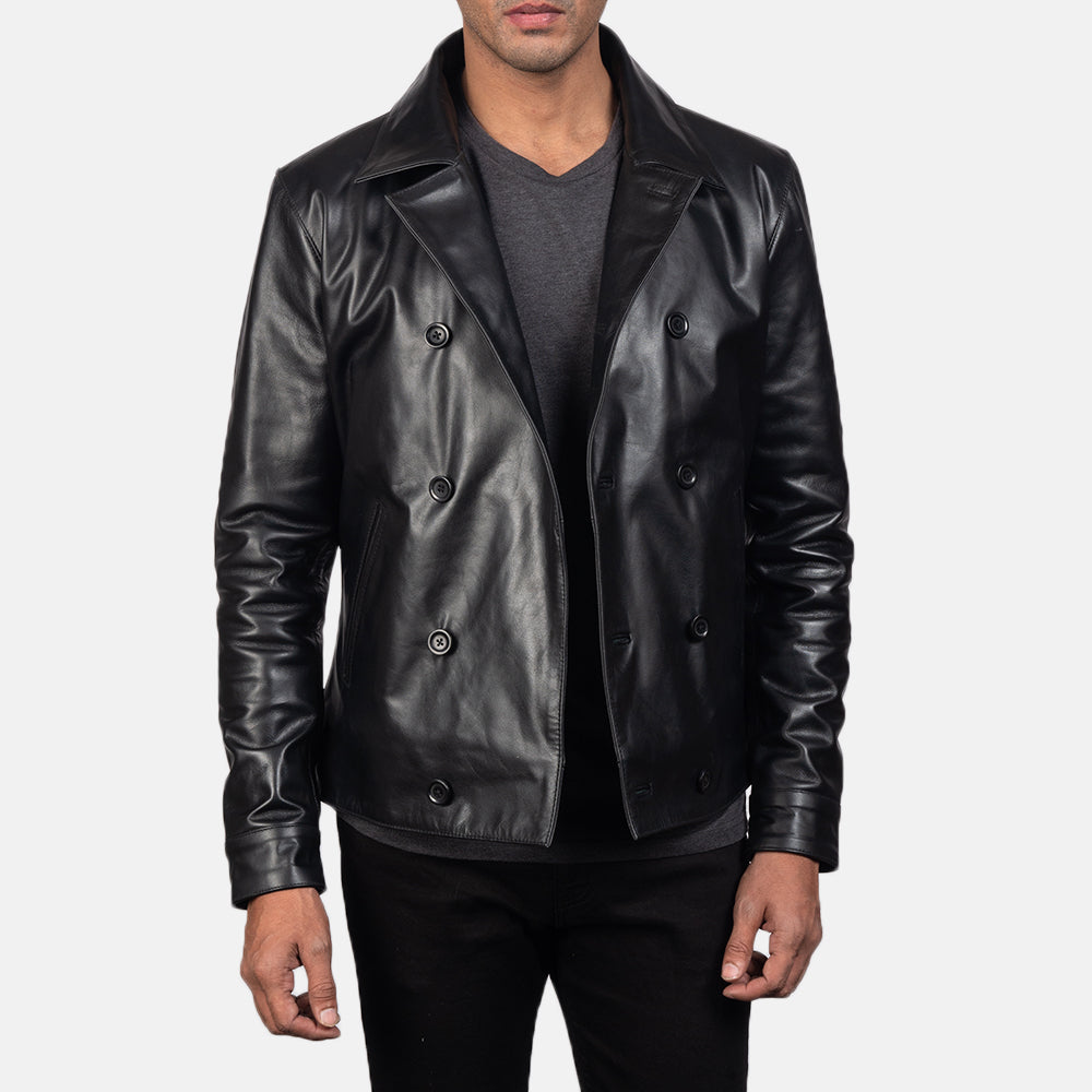 Close-Up Detail of Notch &amp; Buttons Hardware on Mod Black Leather Peacoat