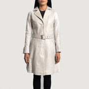 Women's Moonlight Silver Leather Trench Coat in Silver Sheepskin Leather - Front Profile View &amp; Tailored Silhouette | Buy Online