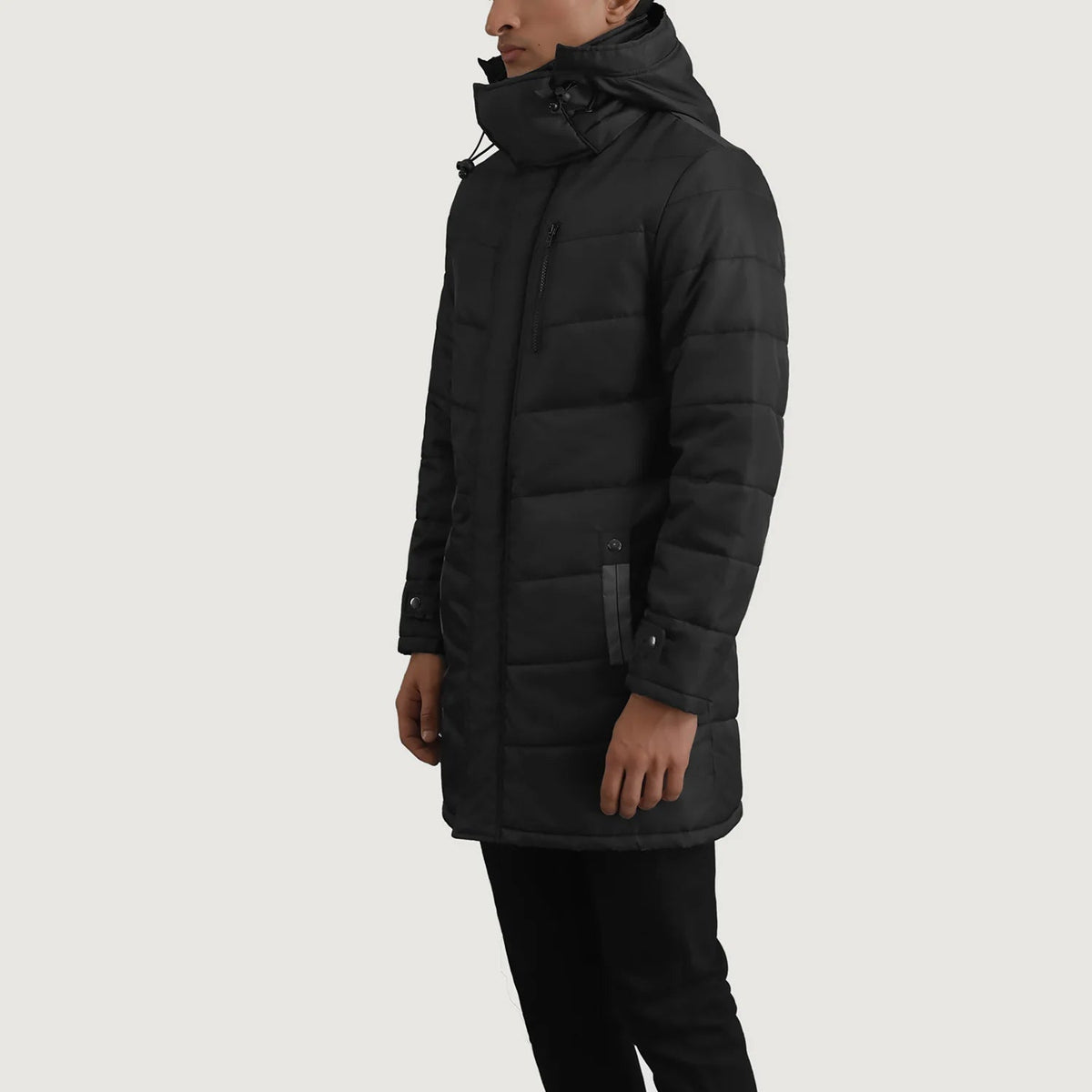 
Black Full-Grain Leather Hooded Jacket - Back View Showing Tailored Shoulder Fit & Clean Hemline