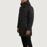 
Black Full-Grain Leather Hooded Jacket - Back View Showing Tailored Shoulder Fit & Clean Hemline