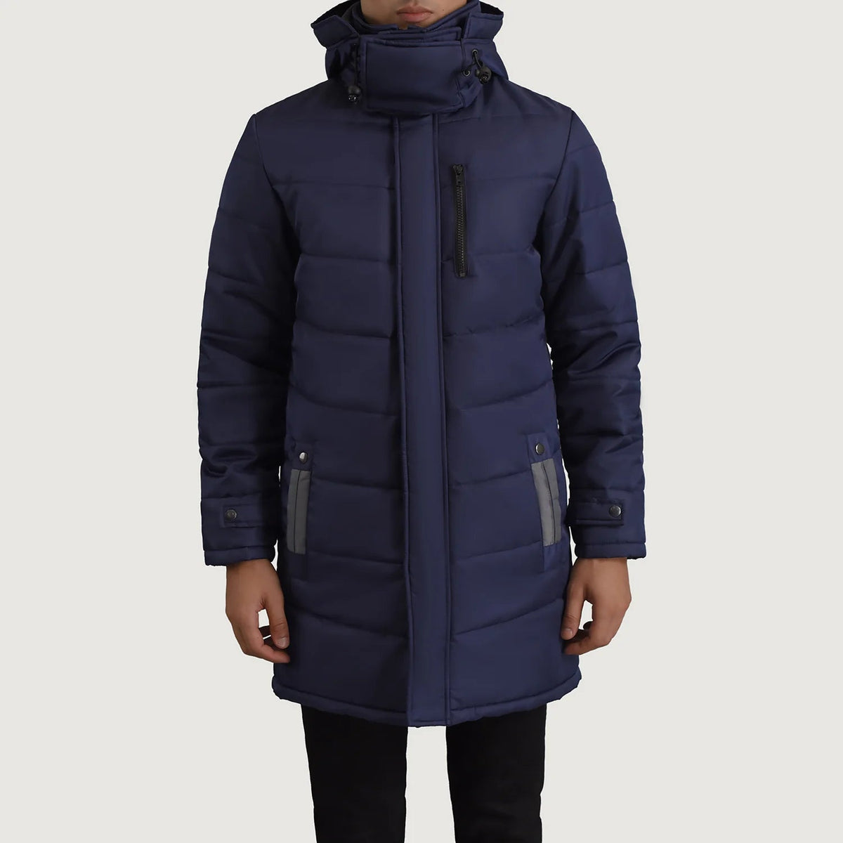 
Close-Up Detail of Classic Collar & Zipper With Snap Button Placket Hardware on Moore Blue Hooded Parka