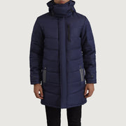 
Close-Up Detail of Classic Collar & Zipper With Snap Button Placket Hardware on Moore Blue Hooded Parka