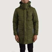 
Close-Up Detail of Classic Collar & Zipper With Snap Button Placket Hardware on Moore Green Hooded Parka