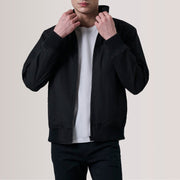Morrison Black Canvas Bomber Jacket For Men in Black Waxed Cotton Canvas - Front Profile View &amp; Tailored Silhouette | Buy Online