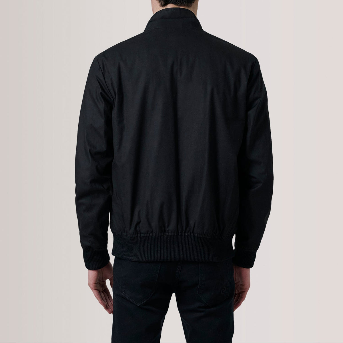 Close-Up Detail of Snap Button &amp; Zipper Hardware on Morrison Black Canvas Bomber Jacket For Men