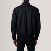 Close-Up Detail of Snap Button &amp; Zipper Hardware on Morrison Black Canvas Bomber Jacket For Men