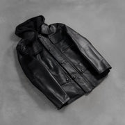 Zipper &amp; Hem Craftsmanship Construction Detail on Men's Moulder Hooded Black Leather Jacket