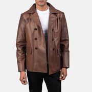 Close-Up Detail of Notch &amp; Buttons Hardware on Mr. Bailey Brown Leather Naval Peacoat