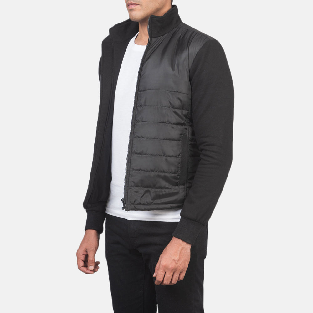 Black Polyester (Torso) &amp;Amp; Knitted Fabric (Sleeves) Winter Jacket - Back View Showing Tailored Shoulder Fit &amp; Clean Hemline