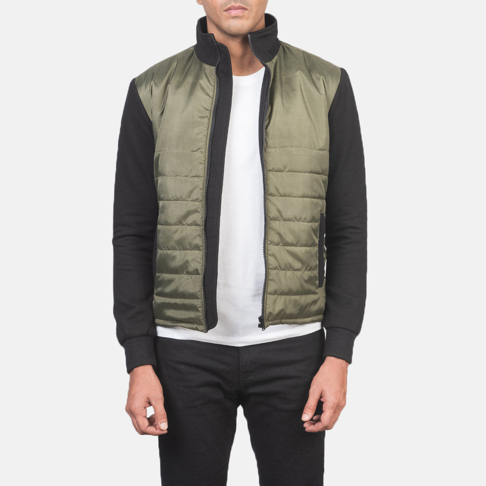 Men's Nashville Quilted Green Windbreaker Jacket in Green &amp; Black Nylon (Torso) &amp;Amp; Knitted Fabric (Sleeves) - Front Profile View &amp; Tailored Silhouette | Buy Online