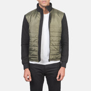 Men's Nashville Quilted Green Windbreaker Jacket in Green &amp; Black Nylon (Torso) &amp;Amp; Knitted Fabric (Sleeves) - Front Profile View &amp; Tailored Silhouette | Buy Online