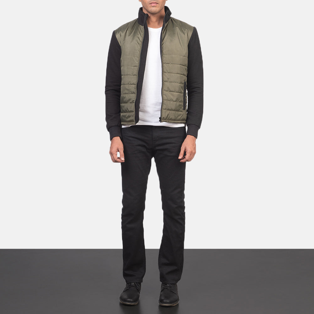 Men's Nashville Quilted Green Windbreaker Jacket - Lateral Side Profile View Showing Sleeve Cut &amp; Athletic Taper Fit