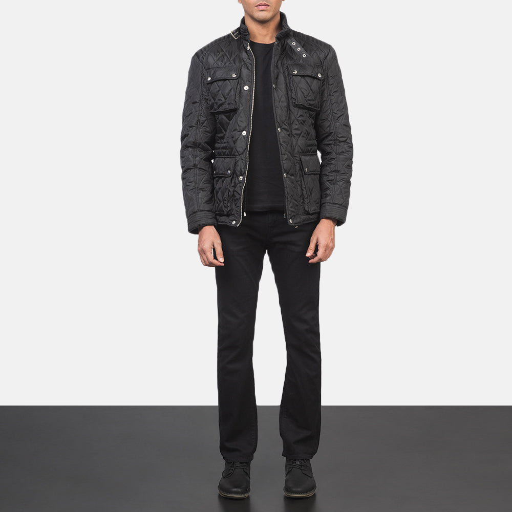 Men's Nelson Quilted Black Windbreaker Jacket - Lateral Side Profile View Showing Sleeve Cut &amp; Athletic Taper Fit