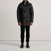 
Nolan Black Snuffed Leather Duffle Coat - Lateral Side Profile View Showing Sleeve Cut & Athletic Taper Fit