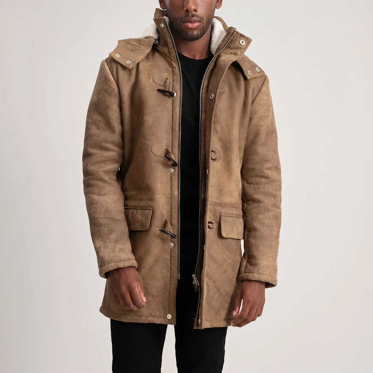 
Tailored Rib Cuffs & Hem Craftsmanship Construction Detail on Nolan Black Snuffed Leather Duffle Coat