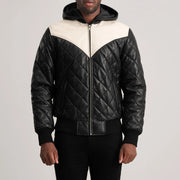 
Close-Up Detail of Hooded & Zipper Hardware on Norman Tan Hooded Bomber Leather Puffer Jacket