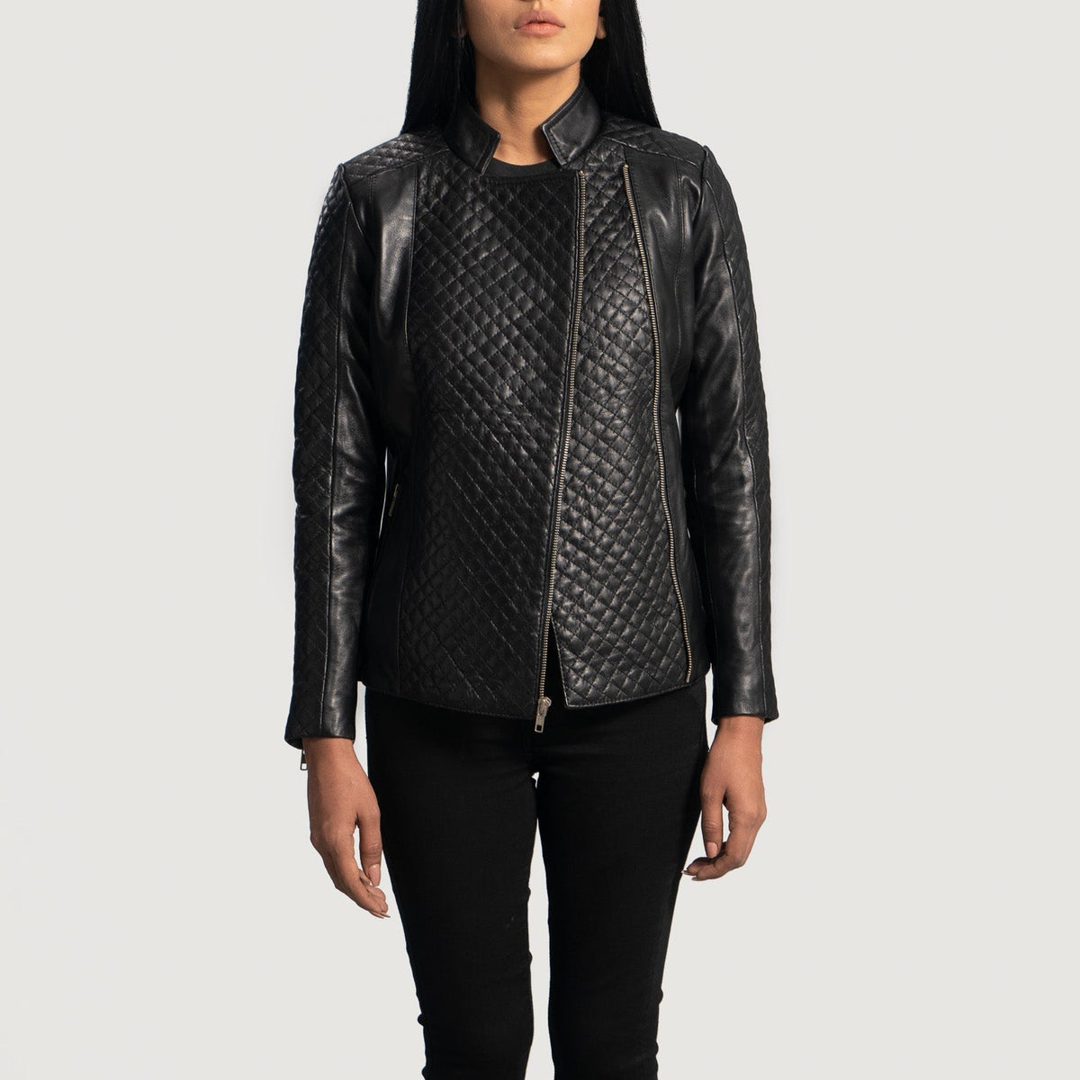 
Women's Orient Grain Quilted Black Leather Biker Jacket - Lateral Side Profile View Showing Sleeve Cut & Athletic Taper Fit