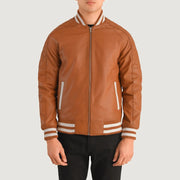 Close-Up Detail of Varsity collar &amp; Zipper Hardware on Pascal Tan Brown Leather Varsity Jacket