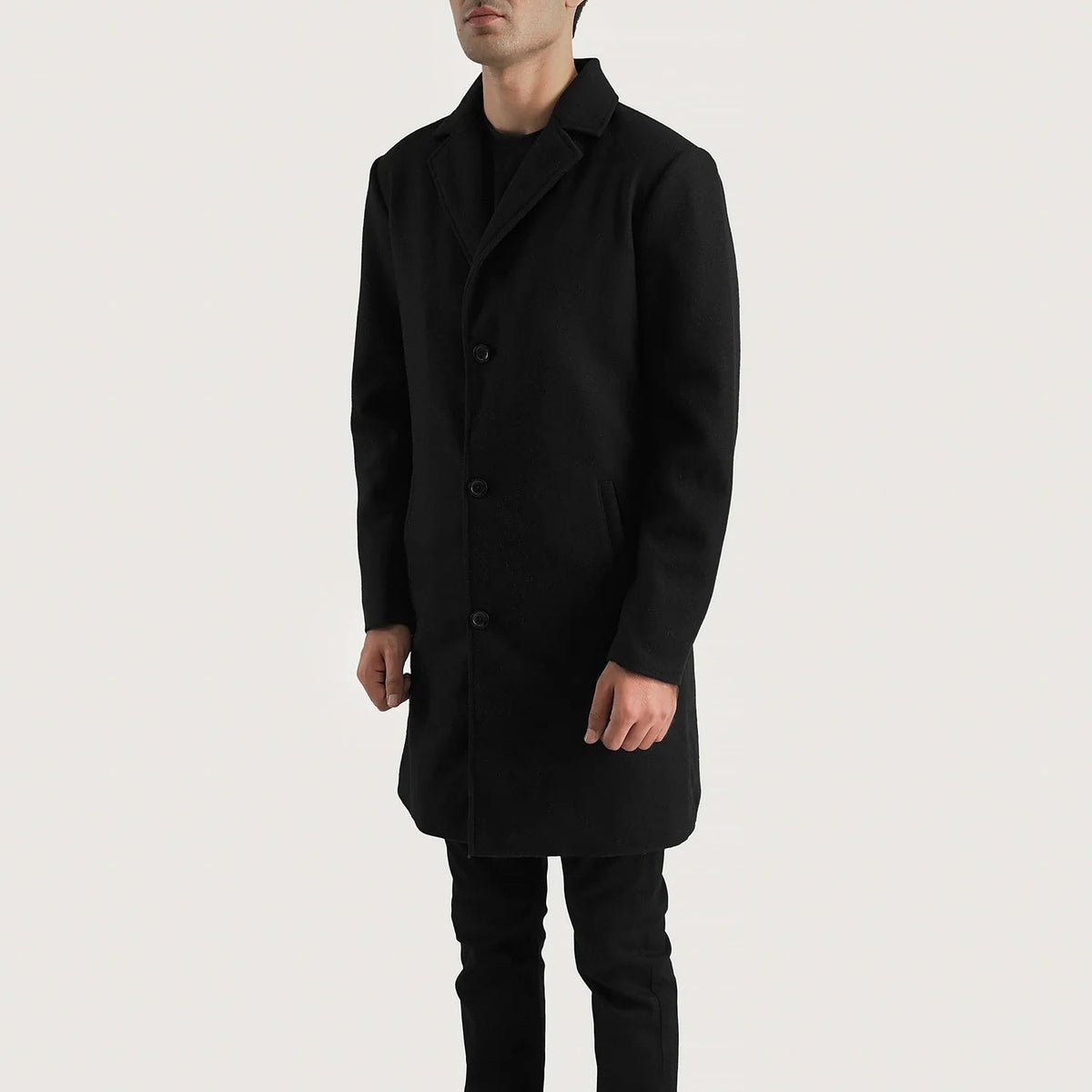 
Black Synthetic Wool Trench Coat - Back View Showing Tailored Shoulder Fit & Clean Hemline