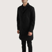 
Black Synthetic Wool Trench Coat - Back View Showing Tailored Shoulder Fit & Clean Hemline
