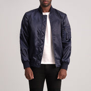 Quinton MA-1 Blue Bomber Jacket - Lateral Side Profile View Showing Sleeve Cut &amp; Athletic Taper Fit