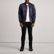 Close-Up Detail of Varsity &amp; Zipper Hardware on Quinton MA-1 Blue Bomber Jacket