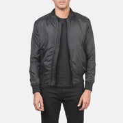 Men's Ramon Black Bomber Jacket in Black Nylon - Front Profile View &amp; Tailored Silhouette | Buy Online