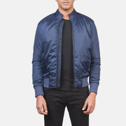Men's Ramon Blue Bomber Jacket in Blue Nylon - Front Profile View &amp; Tailored Silhouette | Buy Online