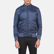 Close-Up Detail of Band &amp; Zipper with wind flap Hardware on Men's Ramon Blue Bomber Jacket