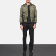 Men's Ramon Green Bomber Jacket - Lateral Side Profile View Showing Sleeve Cut &amp; Athletic Taper Fit